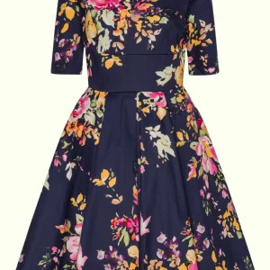 1950-tals Hepburn swingklänning - marinblå blommönster